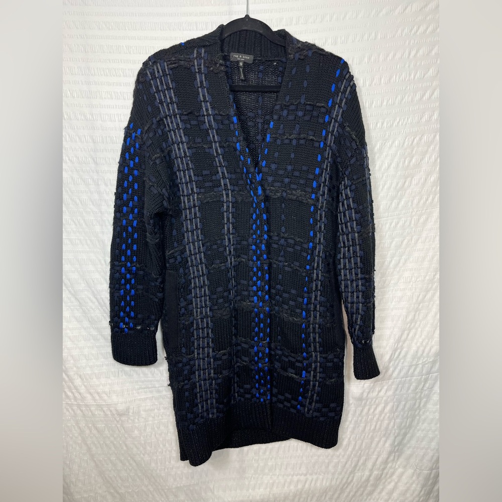 Rag & Bone Women’s Black and Blue Textured Wool Cardigan Duster Size XS